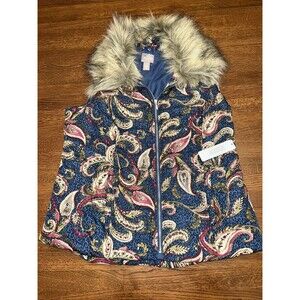 Chico's Zip Vest Size 1 M Puffer Vest Women’s Jacket Quilted Faux Fur Collar